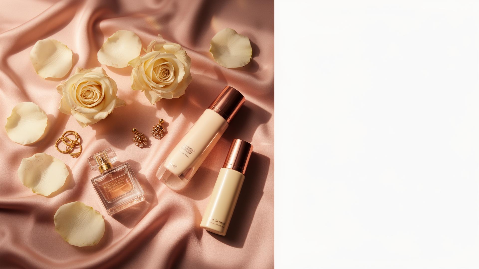 Soft pink flat lay with roses and beauty bottles